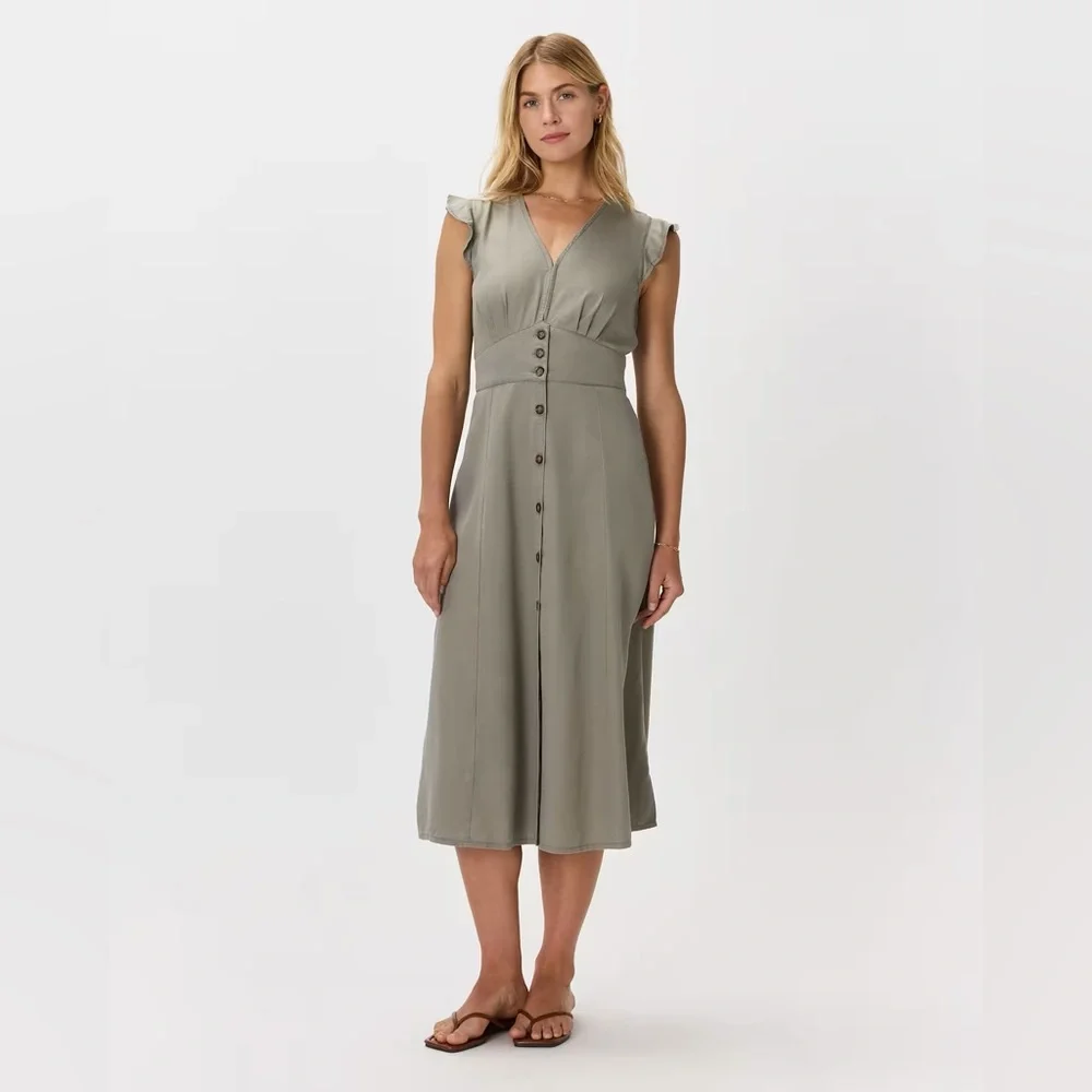 Quince Vintage Wash Tencel Button Front Midi Dress Olive Green Large Cottagecore - Picture 1 of 14